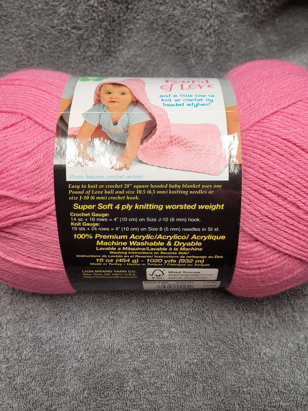Lion Brand Baby Yarn- Pink- 1 Pound, Soft Acrylic. Great for knitting or crochet